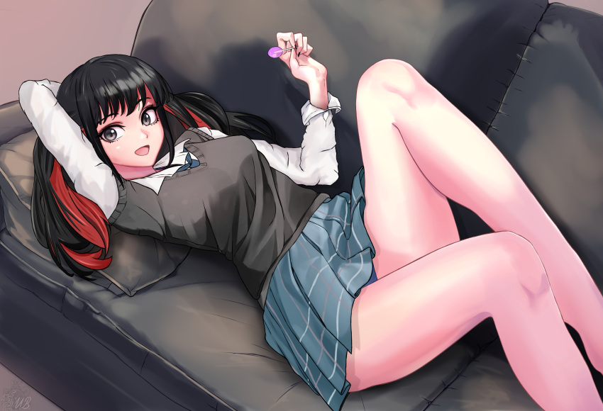 absurdres arm_behind_head black_hair candy couch food grey_eyes gyaru highres lollipop looking_at_viewer lying multicolored_hair necktie on_back open_mouth pillow redhead school_uniform skirt smile sono_bisque_doll_wa_koi_wo_suru sugaya_nowa twintails unstableboiler