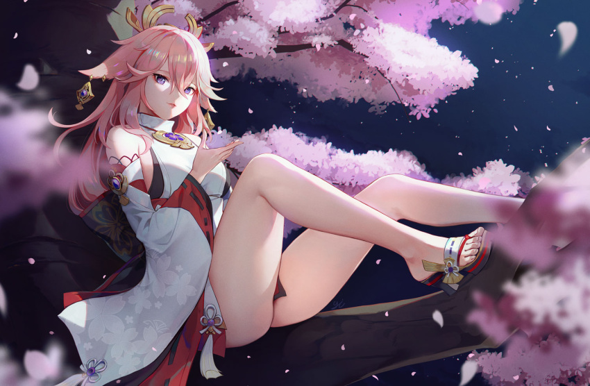 1girl animal_ears bangs bare_legs blurry blurry_foreground branch cherry_blossoms cherry_tree closed_mouth detached_sleeves earrings falling_petals fox_ears genshin_impact hair_between_eyes hair_ornament in_tree jewelry long_hair looking_at_viewer night night_sky pendant petals pink_hair sandals shirt sitting sitting_in_tree sky sleeveless sleeveless_shirt solo toes tree violet_eyes vision_(genshin_impact) white_shirt wide_sleeves y.i._(lave2217) yae_miko