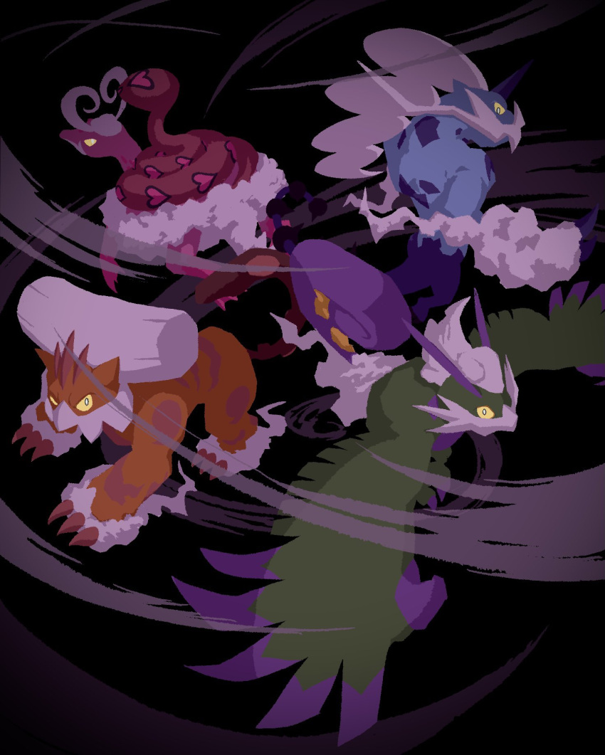 black_background claws commentary_request enamorus enamorus_(therian) highres kasai_(pixiv24704749) landorus landorus_(therian) looking_at_viewer looking_back looking_up no_humans pokemon pokemon_(creature) thundurus thundurus_(therian) tornadus tornadus_(therian) white_fur wind yellow_eyes