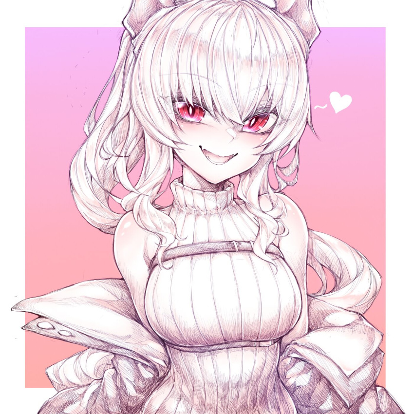 1girl bangs bare_shoulders breasts colored_skin copyright_request eyebrows_visible_through_hair fangs heart highres jacket kupa_(jesterwii) long_hair looking_at_viewer medium_breasts open_mouth ponytail red_eyes smile solo sweater teeth turtleneck turtleneck_sweater virtual_youtuber white_skin