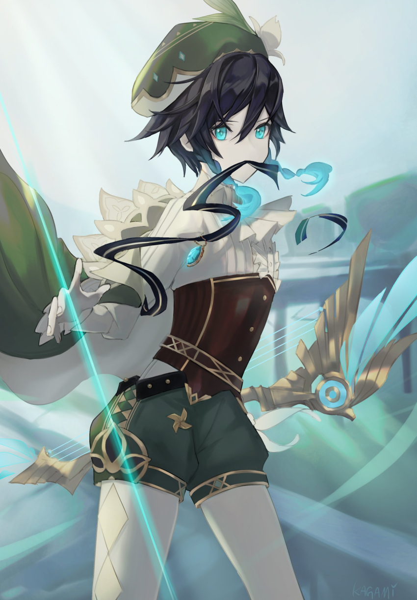 1boy absurdres androgynous argyle argyle_legwear ascot bangs beret black_hair blue_hair bow bow_(weapon) braid brooch collared_cape collared_shirt commentary_request corset feathers flower frilled_sleeves frills gem genshin_impact gradient_hair green_eyes green_headwear green_shorts hat hat_flower highres jewelry kagami_(kagami) leaf long_sleeves looking_at_viewer male_focus multicolored_hair pantyhose pinwheel shirt short_hair_with_long_locks shorts side_braids sidelocks skyward_harp_(genshin_impact) solo twin_braids venti_(genshin_impact) weapon white_flower white_legwear white_shirt