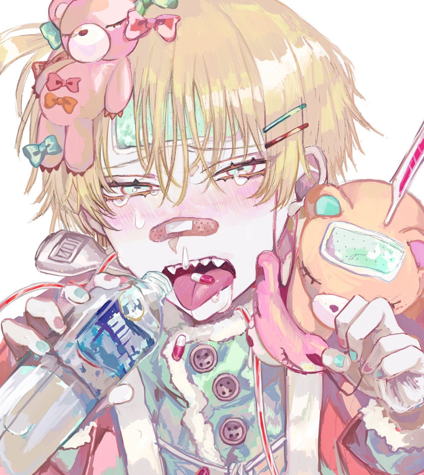 1boy bandaid bangs blonde_hair blush bottle bow hair_ornament hairclip highres holding holding_bottle kuroume_(aihikarikuroume24) looking_at_viewer open_mouth original pale_skin pill short_hair solo stuffed_toy tongue tongue_out water_bottle