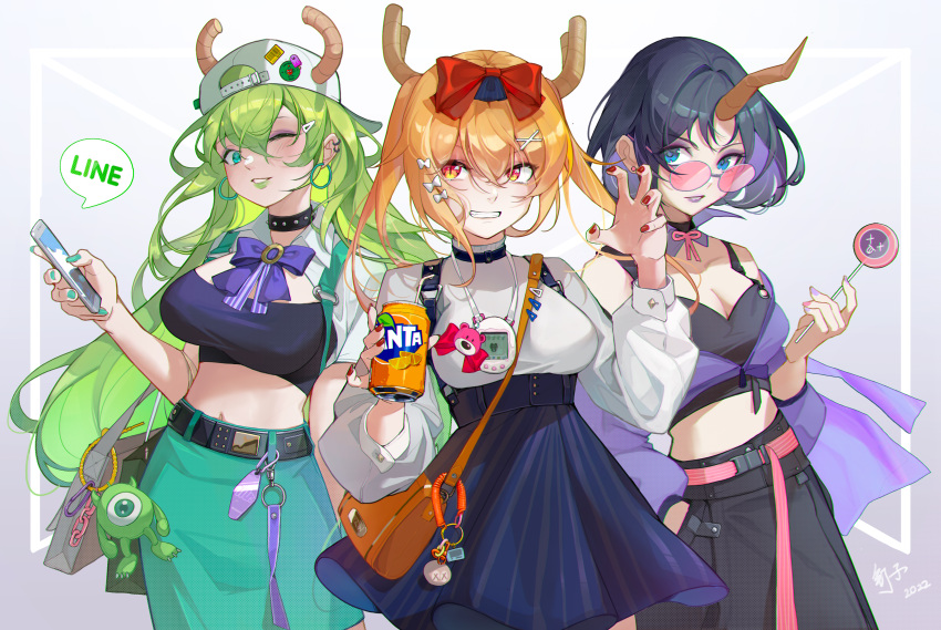 3girls absurdres alternate_costume artist_name backwards_hat bag barcode baseball_cap belt blue_bow blush bow breasts can candy cellphone chain chinese_commentary choker claw_pose clothing_request commentary crop_top dated detached_collar dingzi dragon_girl dragon_horns dress drinking_straw ear_piercing earrings elma_(maidragon) fang fanta food glasses hair_between_eyes hair_ornament hairclip hand_in_pocket handbag hat highres holding holding_can holding_candy holding_food holding_phone horns horns_through_headwear jewelry keychain kobayashi-san_chi_no_maidragon large_breasts line_(naver) lollipop long_hair looking_at_viewer looking_over_eyewear lucoa_(maidragon) medium_breasts midriff midriff_peek multiple_girls one_eye_closed orange_eyes orange_hair phone piercing puffy_sleeves red_bow shirt short_hair sidelocks signature simple_background single_horn slit_pupils smartphone smile sticker studded_choker tohru_(maidragon) twintails