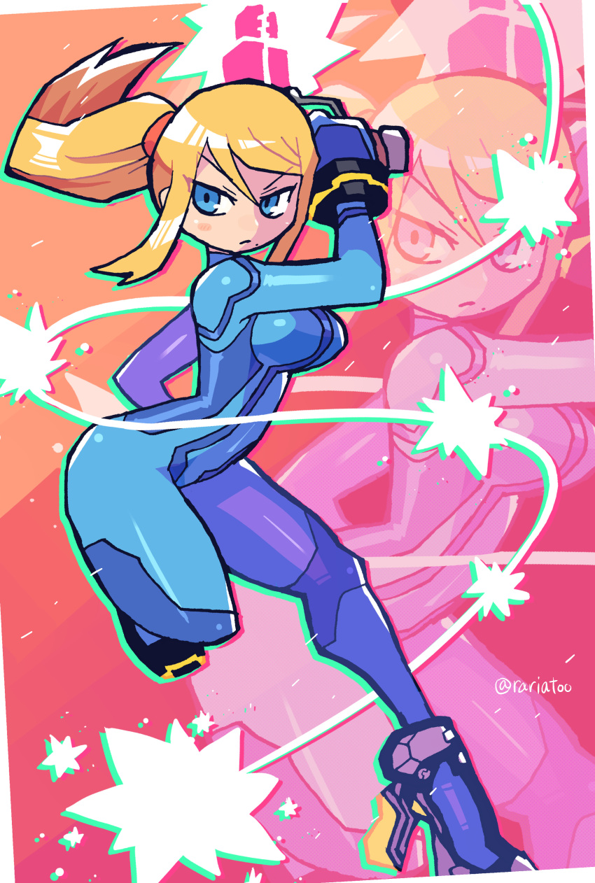 1girl absurdres bangs blonde_hair blue_eyes bodysuit breasts full_body gun high_heels highres long_hair metroid mole mole_under_mouth ponytail rariatto_(ganguri) samus_aran skin_tight solo super_smash_bros. twitter_username weapon zero_suit