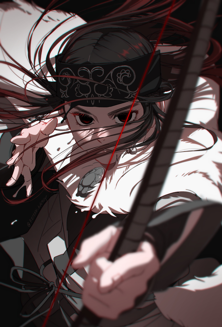 1girl absurdres ainu ainu_clothes asirpa bandana black_eyes black_hair blue_bandana blurry bow_(weapon) cape cowboy_shot depth_of_field earrings fur_cape golden_kamuy headband highres hoop_earrings jewelry long_hair looking_at_viewer reman_kamuy solo upper_body weapon white_background white_cape