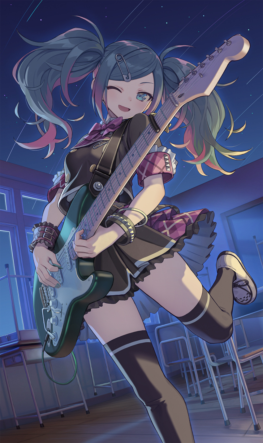 1girl black_thighhighs blue_eyes blue_hair bow breasts chair classroom collared_shirt desk electric_guitar frilled_skirt frilled_sleeves frills from_below guitar hair_ornament hairclip hatsune_miku highres holding holding_instrument instrument kurobuta_gekkan leg_up leo/need_(project_sekai) long_hair multicolored_hair music one_eye_closed open_mouth pink_hair playing_instrument plectrum project_sekai safety_pin school_desk shirt short_sleeves skirt small_breasts smile solo standing standing_on_one_leg thigh-highs twintails vocaloid