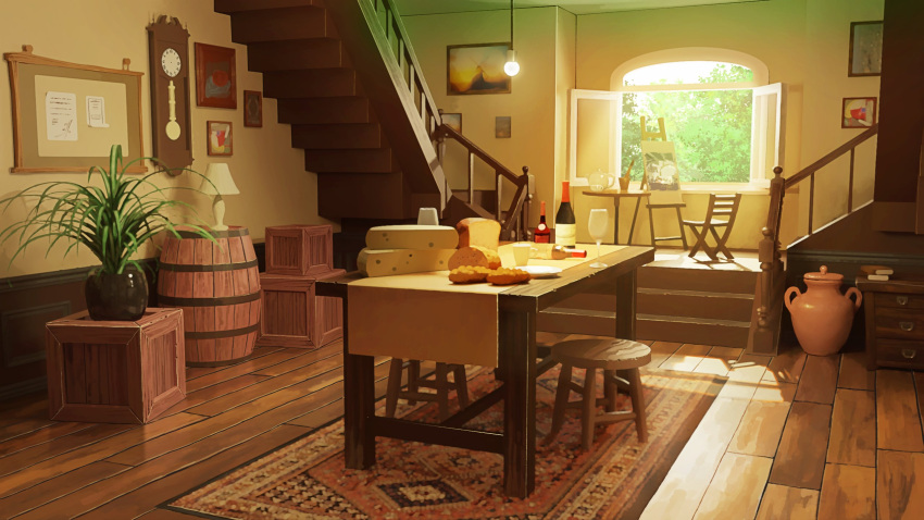 alcohol barrel board bottle chair cheese commentary_request cup day drinking_glass food highres indoors naohiro original painting_(object) picture_(object) plant potted_plant stairs stool wine wine_bottle wine_glass wooden_floor