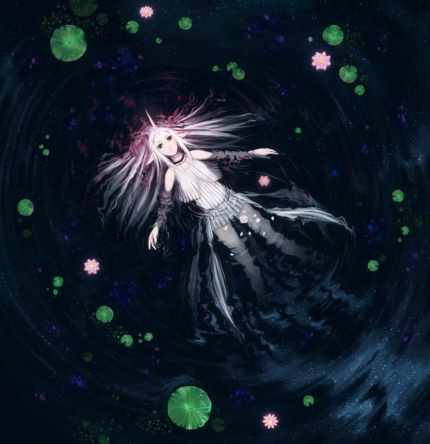 :o floating flower from_above green_eyes highres horns lily_pad long_hair night night_sky on_back original petals pointy_ears reflection ripples rose rose_petals sky solo un water white_hair white_rose
