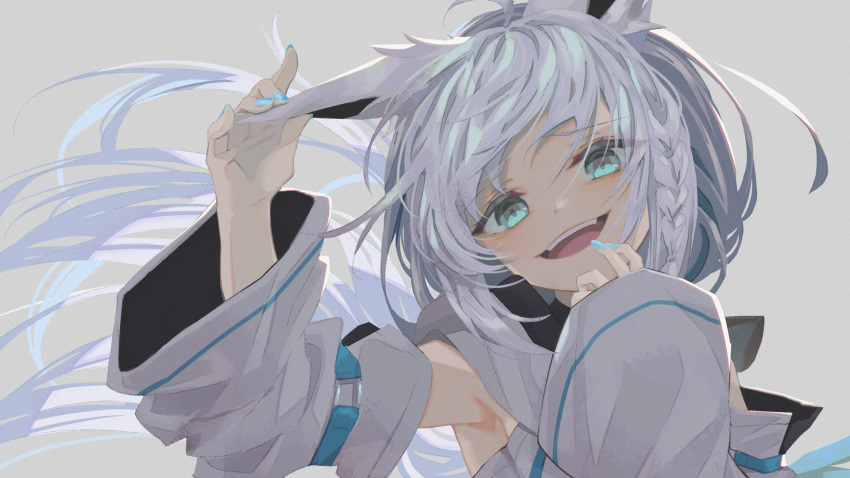 1girl :d ahoge animal_ear_fluff animal_ears anzi arm_up armpits bangs blue_eyes blue_nails commentary_request detached_sleeves eyebrows_visible_through_hair floating_hair fox_ears grey_background hair_between_eyes head_tilt highres hololive long_hair long_sleeves looking_at_viewer nail_polish shirakami_fubuki simple_background smile solo teeth upper_body upper_teeth very_long_hair virtual_youtuber white_hair white_sleeves wide_sleeves