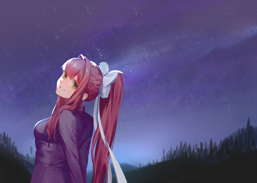 1girl blazer bow breasts brown_hair brown_jacket commission doki_doki_literature_club english_commentary from_behind green_eyes hair_behind_ear hair_bow jacket leaning_back looking_at_viewer medium_breasts monika_(doki_doki_literature_club) mountain night night_sky odakojirou parted_lips ponytail school_uniform sky smile solo upper_body white_bow