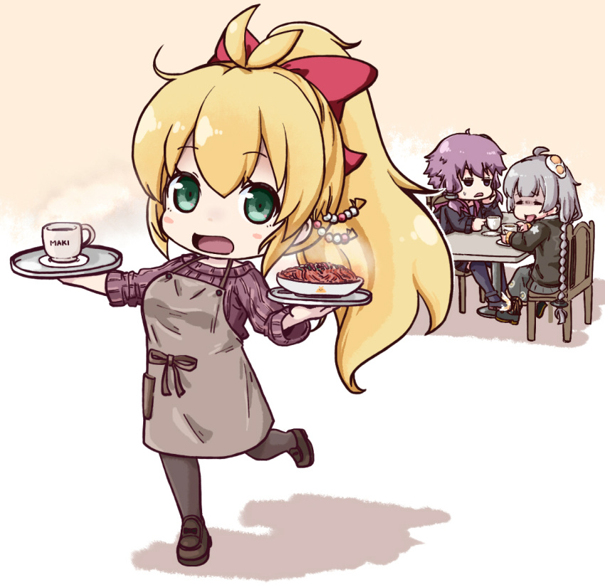 3girls apron beads black_jacket blonde_hair bow braid chair cheek_rest chibi closed_eyes coffee_cup commentary cup disposable_cup egg_hair_ornament food-themed_hair_ornament green_eyes grey_hair hair_beads hair_bow hair_ornament holding holding_cup holding_tray jacket jitome kizuna_akari leg_up long_hair looking_at_viewer mary_janes multiple_girls napolitan open_mouth ponytail purple_hair purple_sweater red_bow sakana_(syake) shaded_face shadow shoes short_hair_with_long_locks sitting smile standing standing_on_one_leg star_(symbol) star_print steam sweater table tongue tongue_out tray tsurumaki_maki v-shaped_eyebrows very_long_hair vocaloid voiceroid waitress yuzuki_yukari