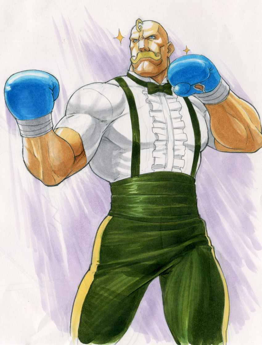 alex_louis_armstrong blue_eyes boxing_gloves capcom cosplay dudley dudley_(cosplay) facial_hair fullmetal_alchemist gloves gorigo graphite_(medium) highres male manly marker_(medium) muscle mustache solo sparkle street_fighter street_fighter_iii:_3rd_strike street_fighter_iv traditional_media