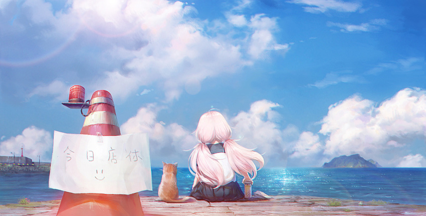 1girl andychen blue_sky cat chromatic_aberration clouds day facing_away from_behind holding horizon island long_hair low_twintails ocean original outdoors pleated_skirt red_cat scenery seascape sitting skirt sky solo traffic_cone translation_request twintails white_hair