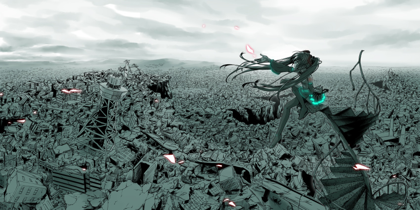 cityscape detached_sleeves hatsune_miku highres junji long_hair necktie outstretched_arm outstretched_hand reaching rubble sitting skirt solo stairs thigh-highs thighhighs twintails vocaloid
