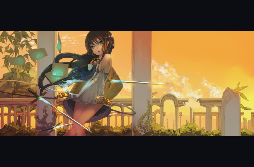 architecture blue_eyes book brown_hair cat cloud clouds dress elbow_gloves erect_nipples ginbato gloves letterboxed long_hair magic panties pantyshot ruins sky solo sword underwear vines weapon wind_lift