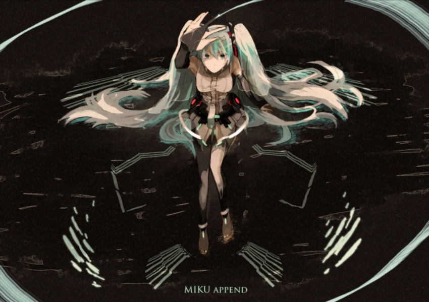 aqua_hair barefoot blue_eyes bridal_gauntlets from_above hatsune_miku looking_up miku_append outstretched_arm sitting thigh_highs twintails very_long_hair vocaloid vocaloid_append