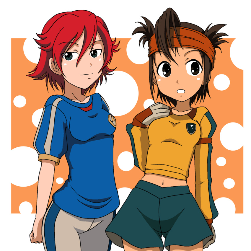 black_eyes brown_eyes brown_hair endou_mamoru genderswap gloves headband inazuma_eleven kakkii kiyama_hiroto midriff multiple_girls navel red_hair redhead short_hair shorts soccer_uniform