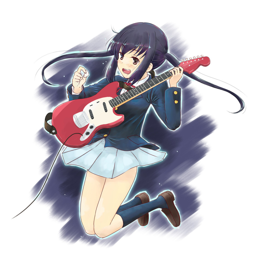 bad_id black_hair brown_eyes guitar highres instrument jumping k-on! long_hair nakano_azusa school_uniform solo takahashi_mugi twintails