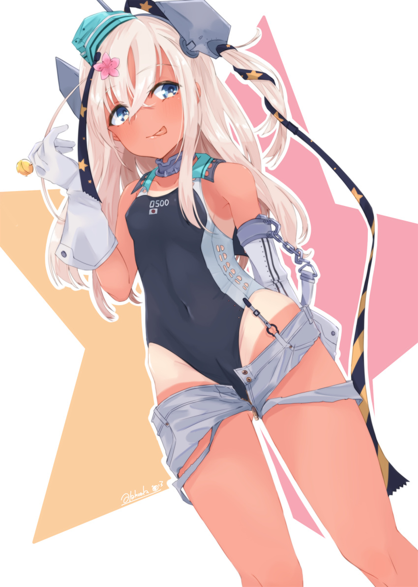 1girl alakoala aqua_headwear black_swimsuit blonde_hair blue_eyes candy chupa_chups closed_mouth collarbone cosplay feet_out_of_frame flower food garrison_cap gloves grey_shorts groin hair_between_eyes hair_flower hair_ornament hat headgear highres holding holding_candy holding_food kantai_collection lollipop long_hair one-piece_swimsuit pink_flower ro-500_(kancolle) scamp_(kancolle) scamp_(kancolle)_(cosplay) short_shorts shorts smile solo star_(symbol) swimsuit tan tanlines tongue tongue_out white_gloves