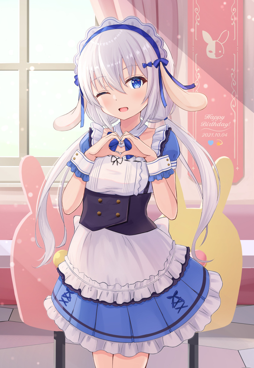 1girl 2021 ;d animal_ears bangs birthday eyebrows_visible_through_hair hair_between_eyes hair_ornament happy_birthday heart heart_hands highres hikkyou looking_at_viewer maid masquerade_channel one_eye_closed open_mouth rabbit_ears revision smile solo tenshi_nano virtual_youtuber white_hair