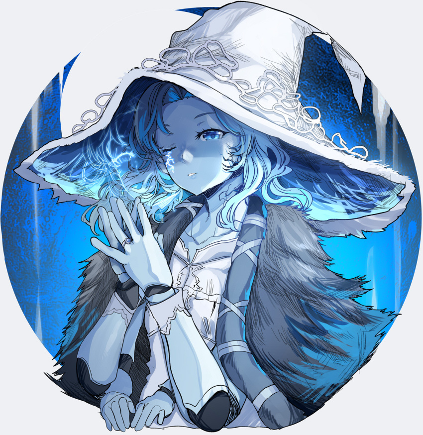 1girl blue_eyes blue_hair blue_skin close-up colored_skin commentary_request dual_persona elden_ring extra_arms fur_cloak hat highres himuro_shunsuke jewelry long_hair one_eye_closed profile ranni_the_witch ring smile solo witch witch_hat