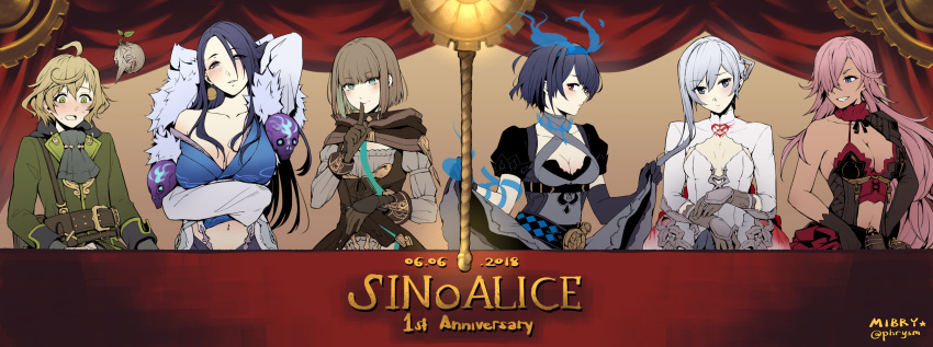 2boys 4girls alice_(sinoalice) anniversary bangs blue_eyes cinderella_(sinoalice) gretel_(sinoalice) highres index_finger_raised kaguya_(sinoalice) long_hair looking_at_viewer mibry_(phrysm) multiple_boys multiple_girls otoko_no_ko pinocchio_(sinoalice) red_curtains sinoalice snow_white_(sinoalice) white_hair