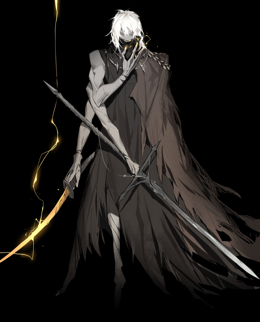 1boy absurdres bare_shoulders black_background brown_cloak cloak colored_skin electricity extra_arms glowing glowing_sword glowing_weapon grey_skin hair_between_eyes hand_tattoo highres holding holding_sword holding_weapon katana long_hair male_focus original parted_lips simple_background single_bare_shoulder sketch solo stitches sword tattoo torn torn_cloak torn_clothes viiiper weapon white_hair