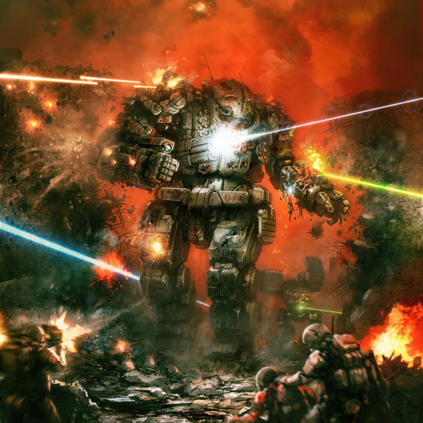 atlas_(battletech) battlefield battletech catapult_(battletech) damaged destruction dust fire highres injury laser missile_pod rocket_launcher soldier wall war weapon