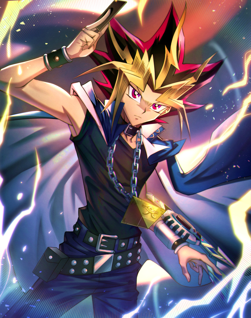 1boy absurdres belt belt_buckle belt_pouch black_hair black_shirt blonde_hair blue_pants buckle cape card chain_necklace closed_mouth duel_disk electricity highres holding holding_card male_focus millennium_puzzle multicolored_shirt pants pink_hair pouch serious shirt sleeveless sleeveless_shirt solo y.m yami_yuugi yu-gi-oh! yu-gi-oh!_duel_monsters