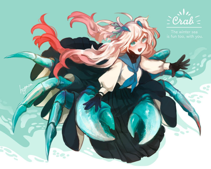 1girl :3 arthropod arthropod_girl arthropod_limbs black_gloves blue_background blue_eyes crab crab_claw crab_girl dress exoskeleton gloves highres hogara long_hair long_sleeves looking_at_viewer monster_girl multicolored_hair original pincers sailor_collar sailor_dress twintails white_hair