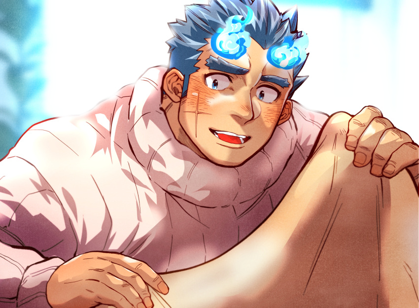 1boy blue_eyes blue_fire blue_hair blurry blurry_background blush close-up coat fire kizami_nori_to_yamaimo male_focus muscular muscular_male open_mouth solo spiky_hair sweater thick_eyebrows toji_(housamo) tokyo_afterschool_summoners turtleneck turtleneck_sweater