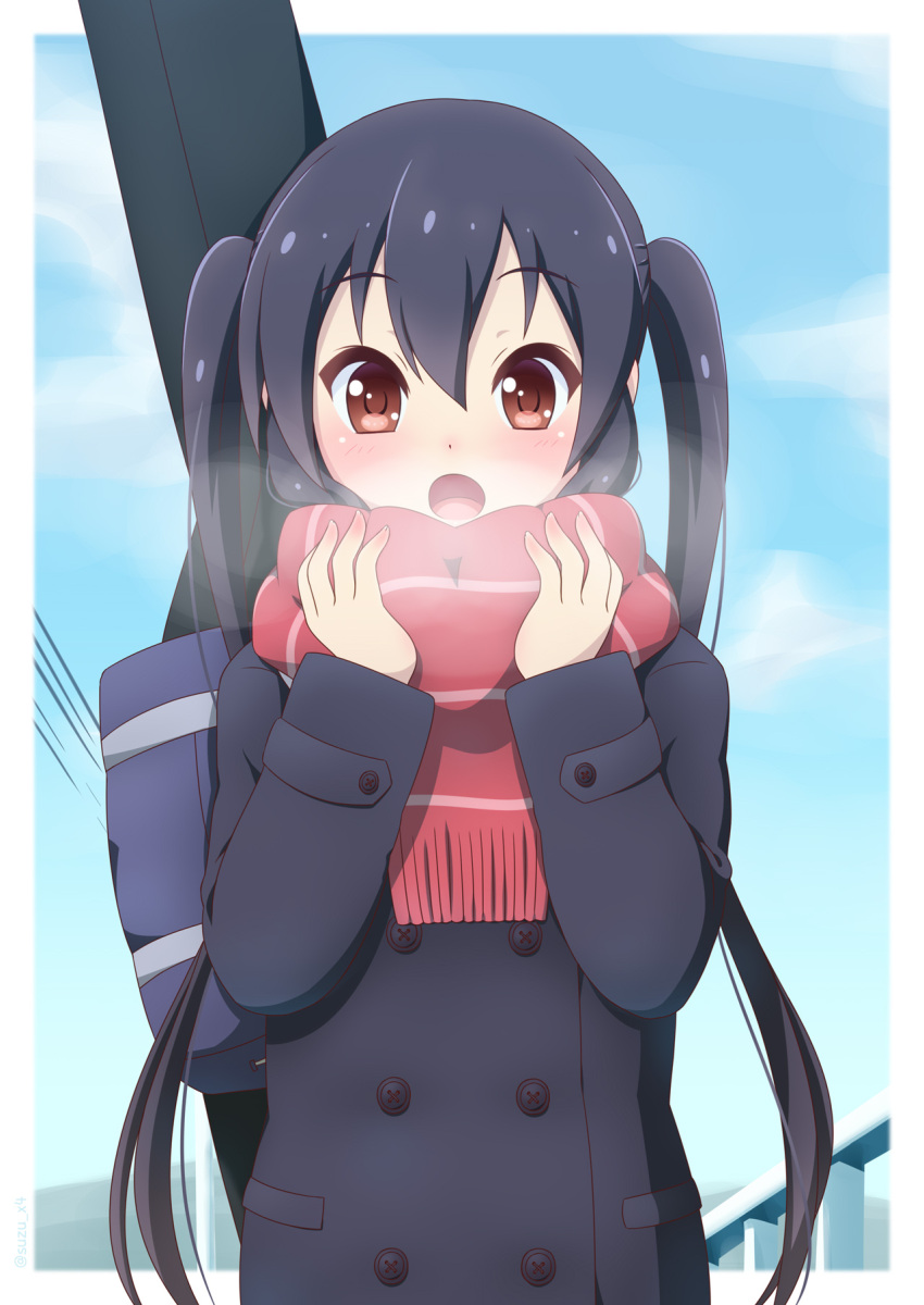 1girl bag bangs black_coat black_hair blue_sky blush border breath brown_eyes buttons clouds coat commentary_request eyebrows_visible_through_hair hair_between_eyes highres holding holding_bag k-on! long_hair long_sleeves nakano_azusa open_mouth outdoors red_scarf scarf school_bag shiny shiny_hair sky solo twintails white_border yosuzu