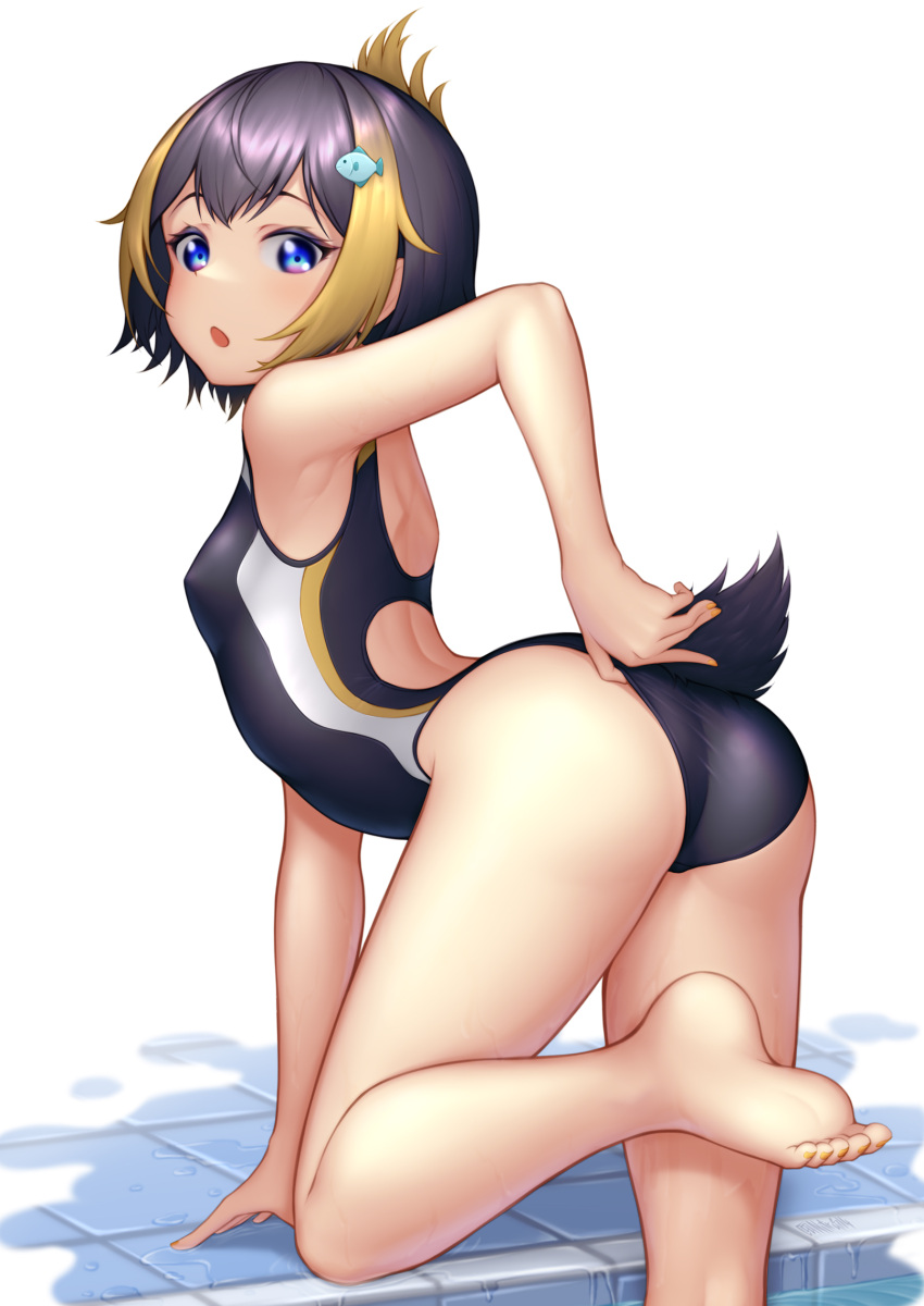 1girl ass black_hair blonde_hair blue_eyes blue_swimsuit blush breasts competition_swimsuit fish_hair_ornament from_behind hair_ornament highleg highleg_swimsuit highres looking_at_viewer looking_back nijisanji nijisanji_en nitrus one-piece_swimsuit open_mouth petra_gurin pool poolside shiny shiny_hair short_hair solo swimsuit two-tone_swimsuit virtual_youtuber white_background