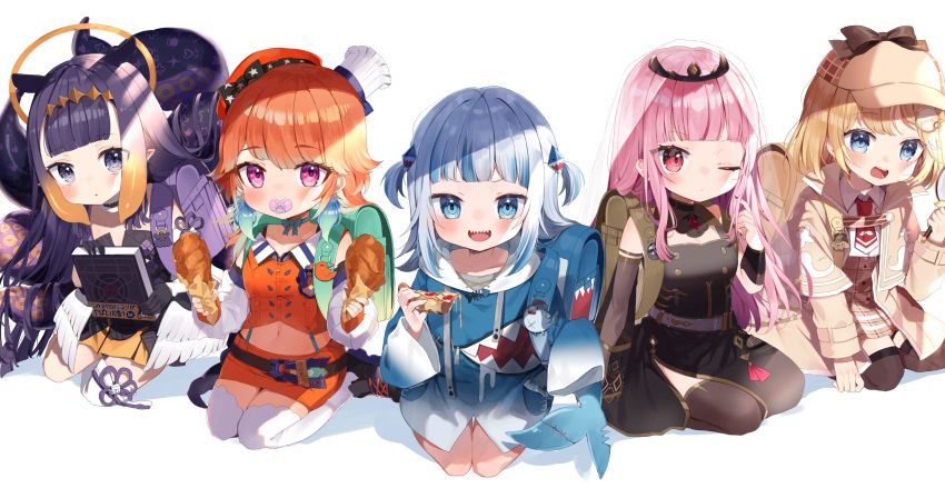 5girls :d absurdres animal_ears ao-chan_(ninomae_ina'nis) backpack bag bangs black_dress black_gloves black_nails blonde_hair bloop_(gawr_gura) blue_choker blue_eyes blue_hair blue_hoodie blunt_bangs blush book bracer breasts brown_capelet brown_headwear brown_jacket brown_legwear brown_skirt capelet child choker closed_mouth collared_shirt commentary deerstalker detached_sleeves dress eyebrows_visible_through_hair food full_body gawr_gura gloves hair_ornament halo hat high-waist_skirt highres holding holding_book holding_food holding_magnifying_glass hololive hololive_english holomyth hood hoodie jacket long_hair long_sleeves looking_at_viewer low_wings magnifying_glass medium_hair midriff mori_calliope multicolored_hair multiple_girls nail_polish navel necktie ninomae_ina'nis noi_mine one_eye_closed open_clothes open_jacket orange_hair orange_headwear orange_shirt orange_skirt pacifier parted_lips pink_hair pizza pizza_slice plaid plaid_skirt pointy_ears purple_hair red_eyes red_necktie see-through seiza shadow shark_hair_ornament sharp_teeth shirt shoes sidelocks silver_hair simple_background single_detached_sleeve single_thighhigh sitting skirt smile streaked_hair sunlight takanashi_kiara tako_(ninomae_ina'nis) teeth tentacles thigh-highs two-tone_hair two_side_up upper_teeth veil very_long_hair violet_eyes virtual_youtuber watson_amelia white_background white_headwear white_legwear white_shirt wings younger