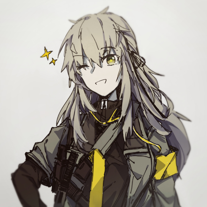 1399984040 1girl armband bangs black_ribbon blush brown_jacket commentary_request eyebrows_visible_through_hair girls_frontline grey_background grey_hair hair_between_eyes hair_ribbon highres jacket long_hair looking_at_viewer one_eye_closed open_clothes open_jacket open_mouth ribbon simple_background smile solo star_(symbol) symbol-shaped_pupils ump40_(girls'_frontline) upper_body yellow_eyes