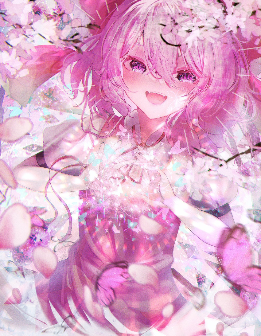 1girl :d alternate_color alternate_eye_color alternate_hair_color blurry blurry_foreground bow bug butterfly cirno dress flower hair_bow highres looking_at_viewer open_mouth petals pink_bow pink_dress pink_flower pink_hair sakura_cirno short_hair short_sleeves smile solo teeth toho_sweet touhou upper_teeth