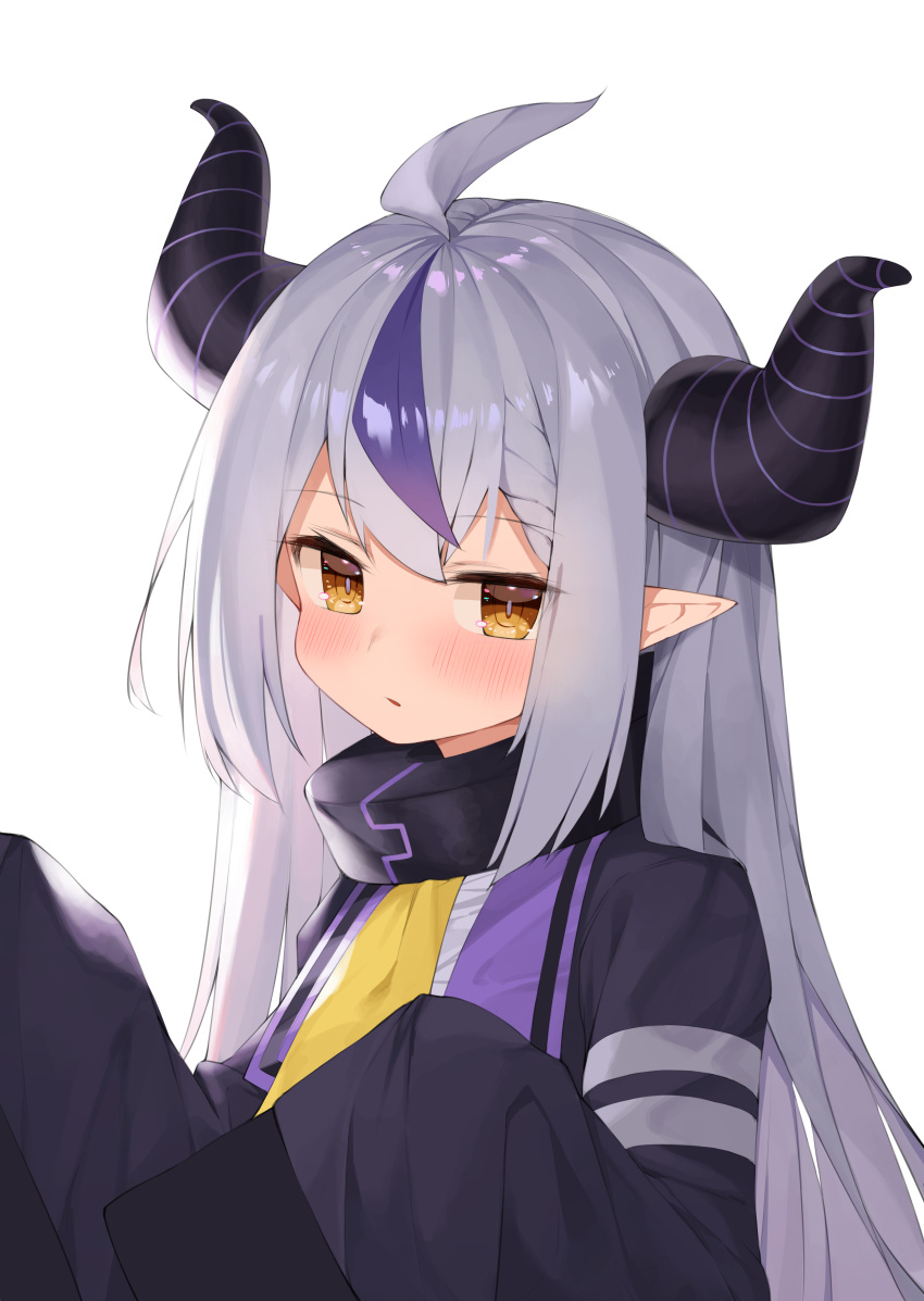 1girl absurdres ahoge avant_garde_(artist) blush commentary_request demon_horns eyebrows_visible_through_hair highres hololive horns la+_darknesss multicolored_hair o-ring parted_lips pointy_ears purple_hair silver_hair simple_background sleeves_past_wrists streaked_hair virtual_youtuber white_background