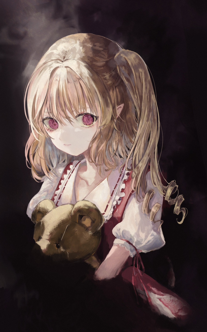 1girl absurdres bangs blonde_hair collarbone dress drill_hair flandre_scarlet happiness_lilys highres hug medium_hair no_hat no_headwear pointy_ears puffy_short_sleeves puffy_sleeves red_dress red_eyes shirt short_sleeves solo stuffed_animal stuffed_toy teddy_bear touhou white_shirt
