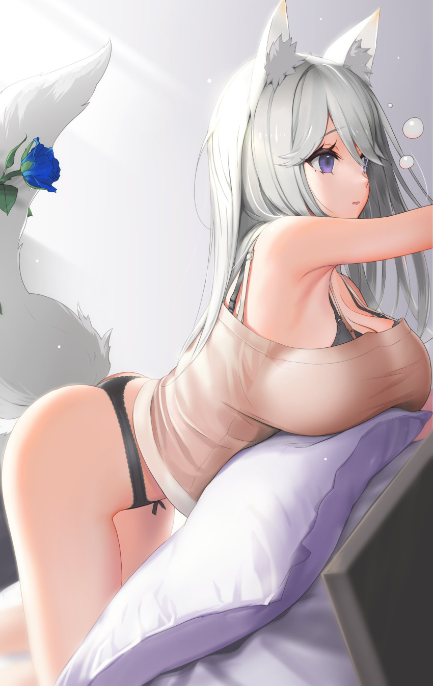 1girl absurdres all_fours animal_ears ass bent_over black_panties blue_flower blue_rose breast_press breasts commentary_request flower highres large_breasts looking_ahead nanam_(nanam_sk) original panties pillow rose tail thong underwear violet_eyes white_hair wolf_ears wolf_girl wolf_tail