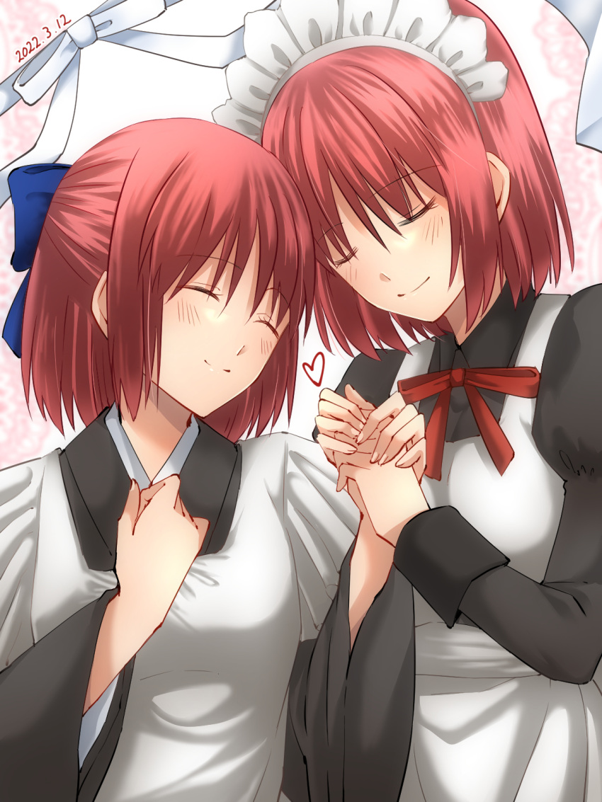 2girls apron black_dress black_kimono blue_bow blush bow closed_eyes closed_mouth commentary_request dated dress eyebrows_visible_through_hair fingernails hair_bow half_updo hand_on_own_chest heart highres hisui_(tsukihime) holding_hands japanese_clothes juliet_sleeves kimono kohaku_(tsukihime) long_sleeves maid maid_apron maid_headdress multiple_girls neck_ribbon puffy_sleeves red_ribbon redhead ribbon short_hair siblings sisters smile tsukihime twins upper_body vent_vert_(kuuya) white_apron wide_sleeves