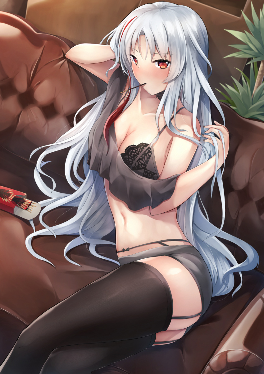 1girl artist_request azur_lane bangs bare_shoulders black_bra black_legwear black_shorts blush bra breasts couch eyebrows_visible_through_hair highres large_breasts long_hair looking_at_viewer mole mole_on_breast multicolored_hair off_shoulder official_alternate_costume parted_bangs red_eyes redhead shorts silver_hair solo streaked_hair tallinn_(azur_lane) tallinn_(nostalgic_pilsner)_(azur_lane) thigh-highs thighs underwear very_long_hair