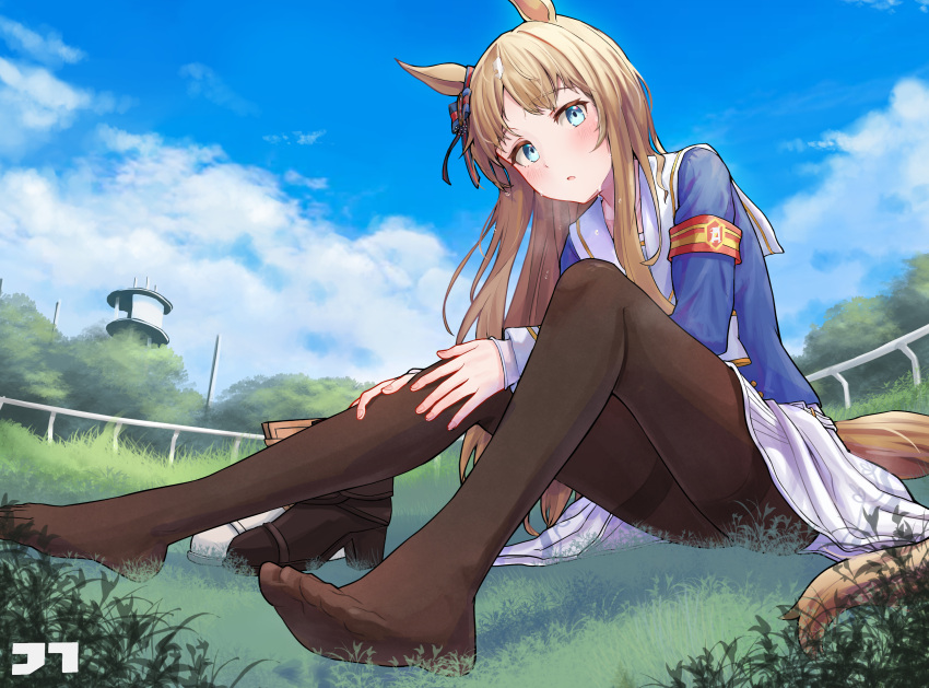 1girl absurdres animal_ears armband artist_logo asymmetrical_legwear bangs blue_jacket blush boots boots_removed breath brown_legwear clouds day grass grass_wonder_(umamusume) green_eyes highres horse_ears horse_girl horse_tail jacket jtleeklm long_hair long_sleeves looking_at_viewer mismatched_legwear outdoors pantyhose parted_lips sailor_collar sitting skirt solo sweat tail thighband_pantyhose tree umamusume white_skirt
