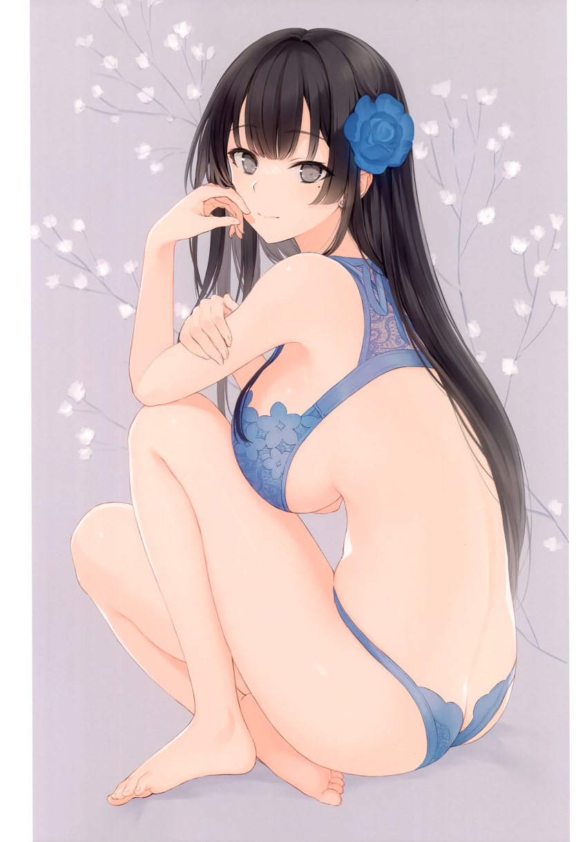 1girl absurdres ass bangs bare_arms bare_legs bare_shoulders barefoot black_hair bra breasts butt_crack closed_mouth eyebrows_visible_through_hair fingernails flower full_body grey_eyes hair_flower hair_ornament highres large_breasts long_hair looking_at_viewer mole mole_under_eye original panties purple_background scan shiny shiny_skin simple_background sitting solo thighs toes underwear underwear_only yashiro_seika