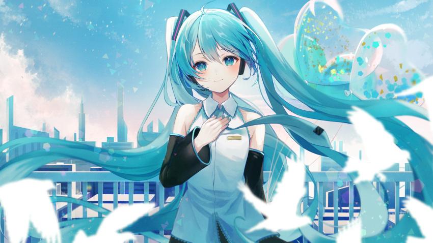1girl 39 azuazu_0405 bare_shoulders blue_eyes blue_hair city collared_shirt detached_sleeves hair_ornament hatsune_miku highres long_hair looking_at_viewer necktie shirt sky sleeveless smile solo twintails very_long_hair vocaloid