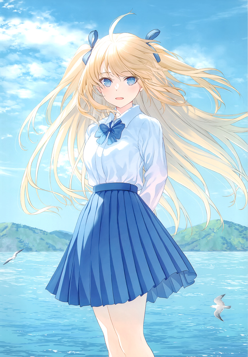 1girl absurdres ahoge animal arms_behind_back bangs bird blonde_hair blue_eyes blue_skirt blue_sky blush bow bowtie clouds cloudy_sky day eyebrows_visible_through_hair hair_bow highres long_hair long_sleeves looking_at_viewer mountain open_mouth original outdoors pleated_skirt scan seagull shirt skirt sky solo tied_hair water yashiro_seika