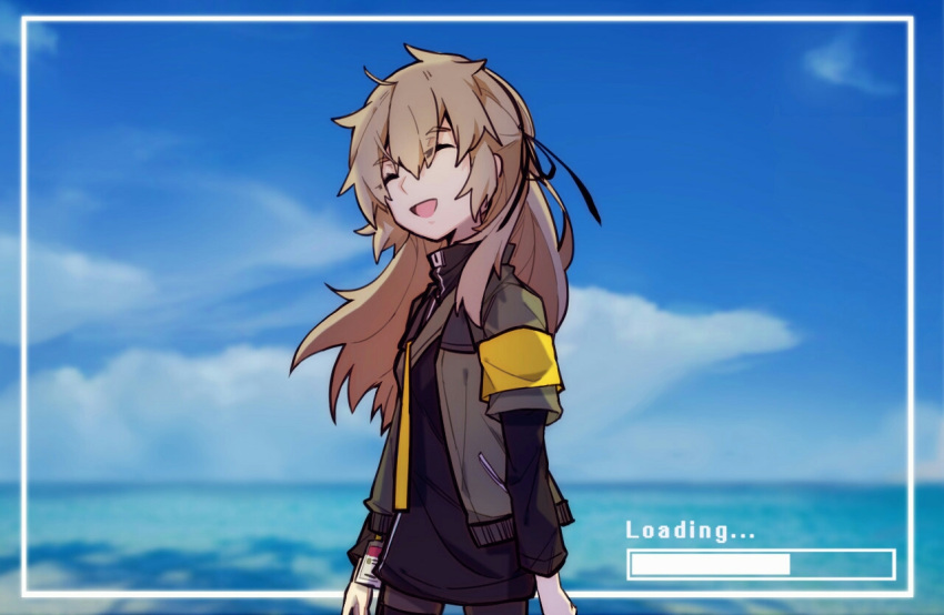 1399984040 1girl armband bangs black_legwear black_ribbon brown_hair closed_eyes clouds cloudy_sky commentary_request cowboy_shot day eyebrows_visible_through_hair girls_frontline hair_between_eyes hair_ribbon id_card jacket long_hair ocean open_clothes open_jacket open_mouth outdoors pantyhose ribbon sky smile ump40_(girls'_frontline)