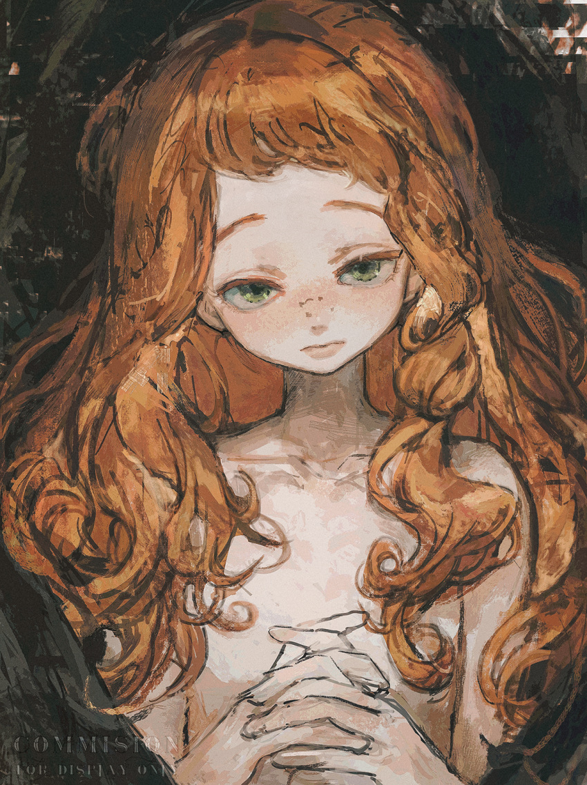1girl black_background commentary_request commission flat_chest freckles green_eyes half-closed_eyes highres interlocked_fingers long_hair looking_at_viewer nude orange_hair original orniflop own_hands_clasped own_hands_together raised_eyebrows solo upper_body