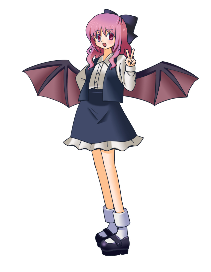 1girl belt black_belt black_bow black_footwear black_skirt black_vest bow character_request collared_shirt commentary_request demon_girl demon_wings frilled_skirt frills full_body hair_bow highres long_sleeves looking_at_viewer mary_janes misaki_(originalsin) open_mouth pink_eyes pink_hair pink_wings shirt shoes skirt socks standing touhou touhou_(pc-98) transparent_background v vest white_legwear white_shirt wings