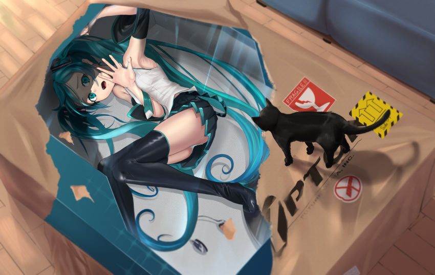 1girl 999_ducati absurdres android animal aqua_eyes aqua_hair aqua_necktie armpits bare_shoulders black_legwear black_skirt black_sleeves boots box cat cat_paw commentary_request couch detached_sleeves furrowed_brow hair_ornament hatsune_miku headphones headphones_removed highres in_box in_container logo long_hair miniskirt necktie open_mouth outstretched_hand pleated_skirt scared scratches shirt skirt sleeveless sleeveless_shirt thigh-highs thigh_boots twintails very_long_hair vocaloid white_shirt wooden_floor wrapping