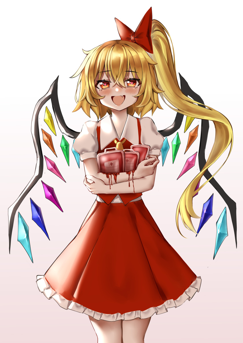 absurdres ailu_elf ascot blonde_hair blood collared_shirt crystal fang flandre_scarlet frilled_skirt frills highres holding layered_sleeves long_hair long_sleeves looking_at_viewer no_hat no_headwear open_mouth orange_eyes red_skirt red_vest shirt short_over_long_sleeves short_sleeves side_ponytail skirt touhou very_long_hair vest white_shirt wings yellow_ascot